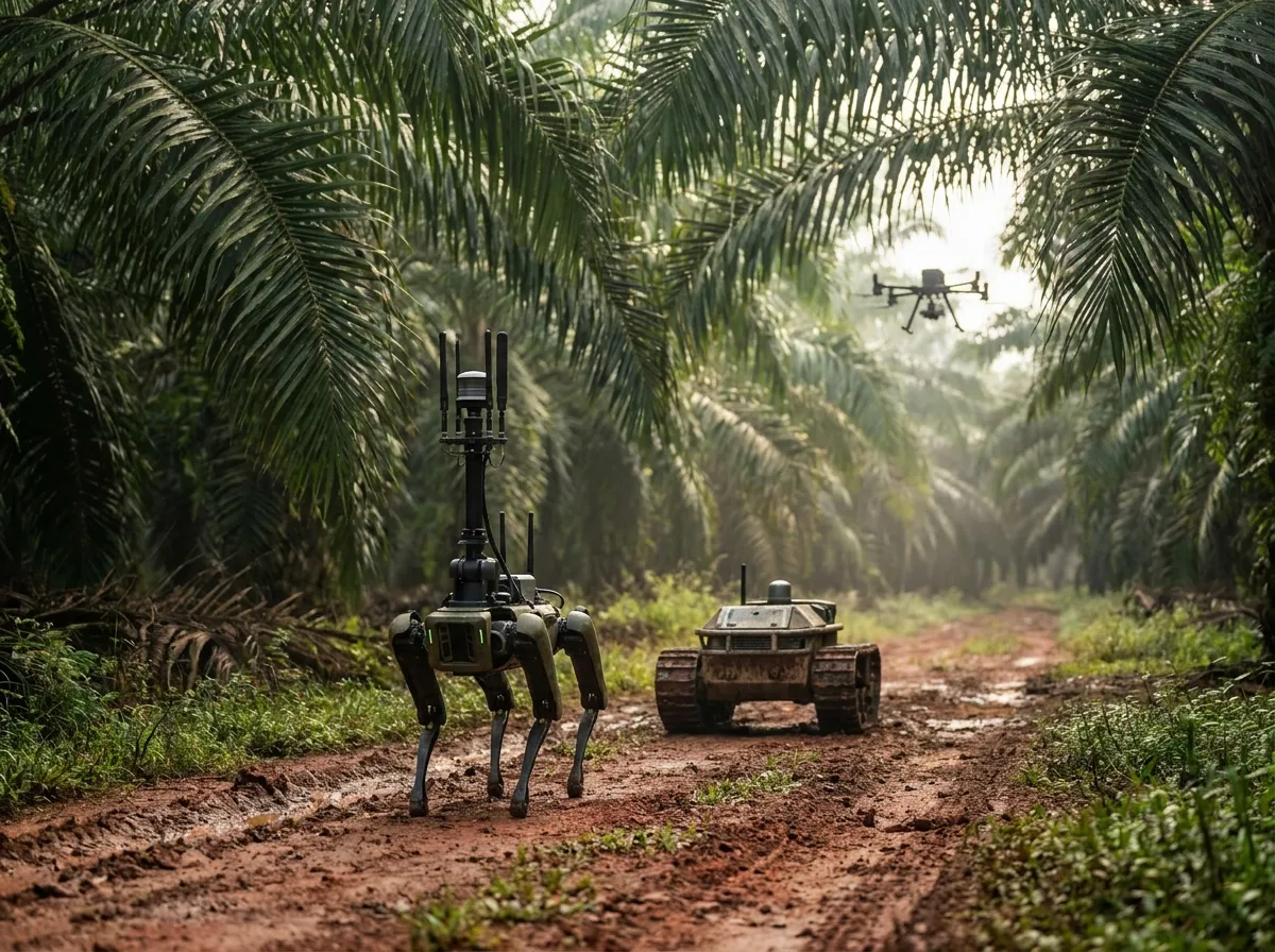 A legged robot, a tracked ground rover and a survey drone working a plantation track