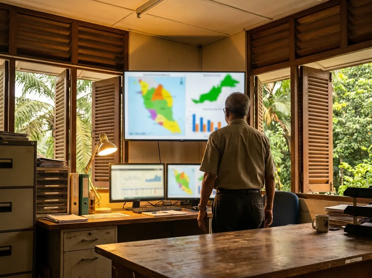 An estate manager reviewing mapping and production screens in a plantation office