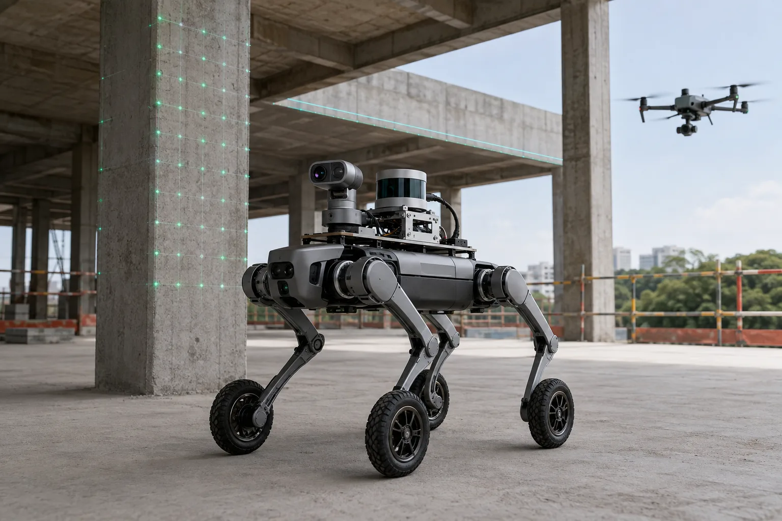 Wheeled inspection robot with mounted sensors and a drone at a construction site